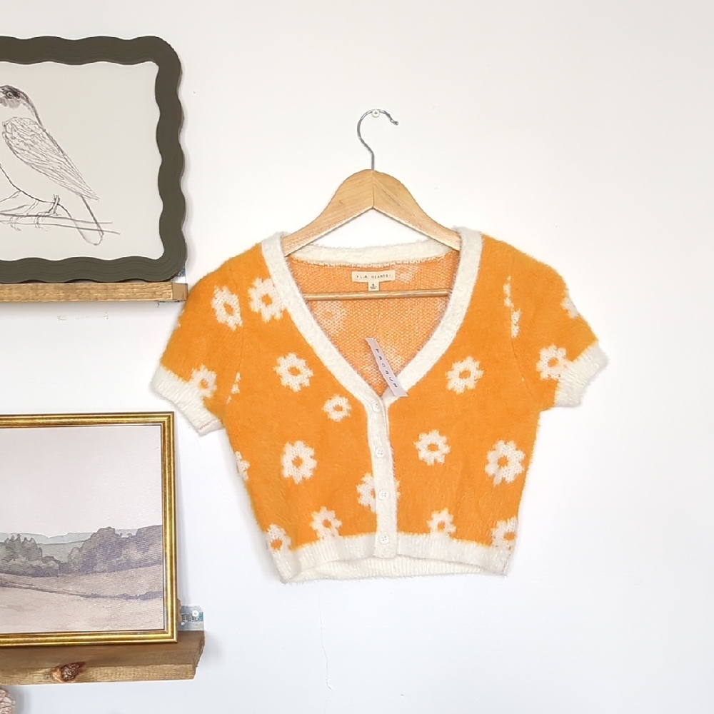 🪞 NWT Orange Floral Knit Cardigan Size Small